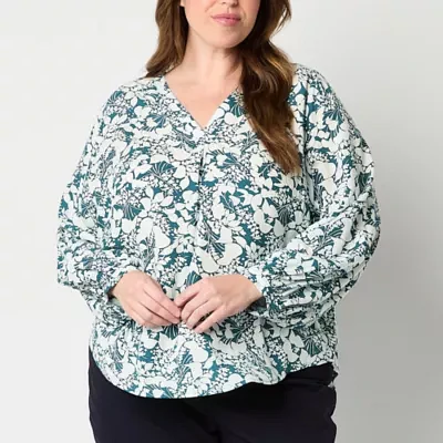 Liz Claiborne Plus Womens V Neck Long Sleeve Blouse