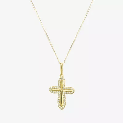 Girls White Cubic Zirconia 14K Gold Cross Pendant Necklace