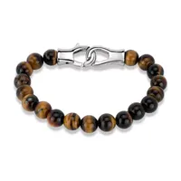 Genuine Brown Tiger's Eye Stainless Steel Beaded Bracelet