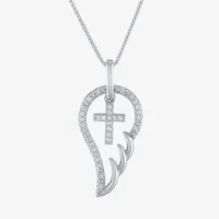 Womens 1/10 CT. T.W. Natural White Diamond Sterling Silver Angel Cross Wing Pendant Necklace