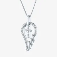 Womens 1/10 CT. T.W. Natural White Diamond Sterling Silver Angel Cross Wing Pendant Necklace