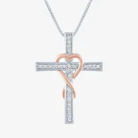 Womens 1/10 CT. T.W. Natural White Diamond 14K Rose Gold Over Silver Sterling Silver Cross Pendant Necklace