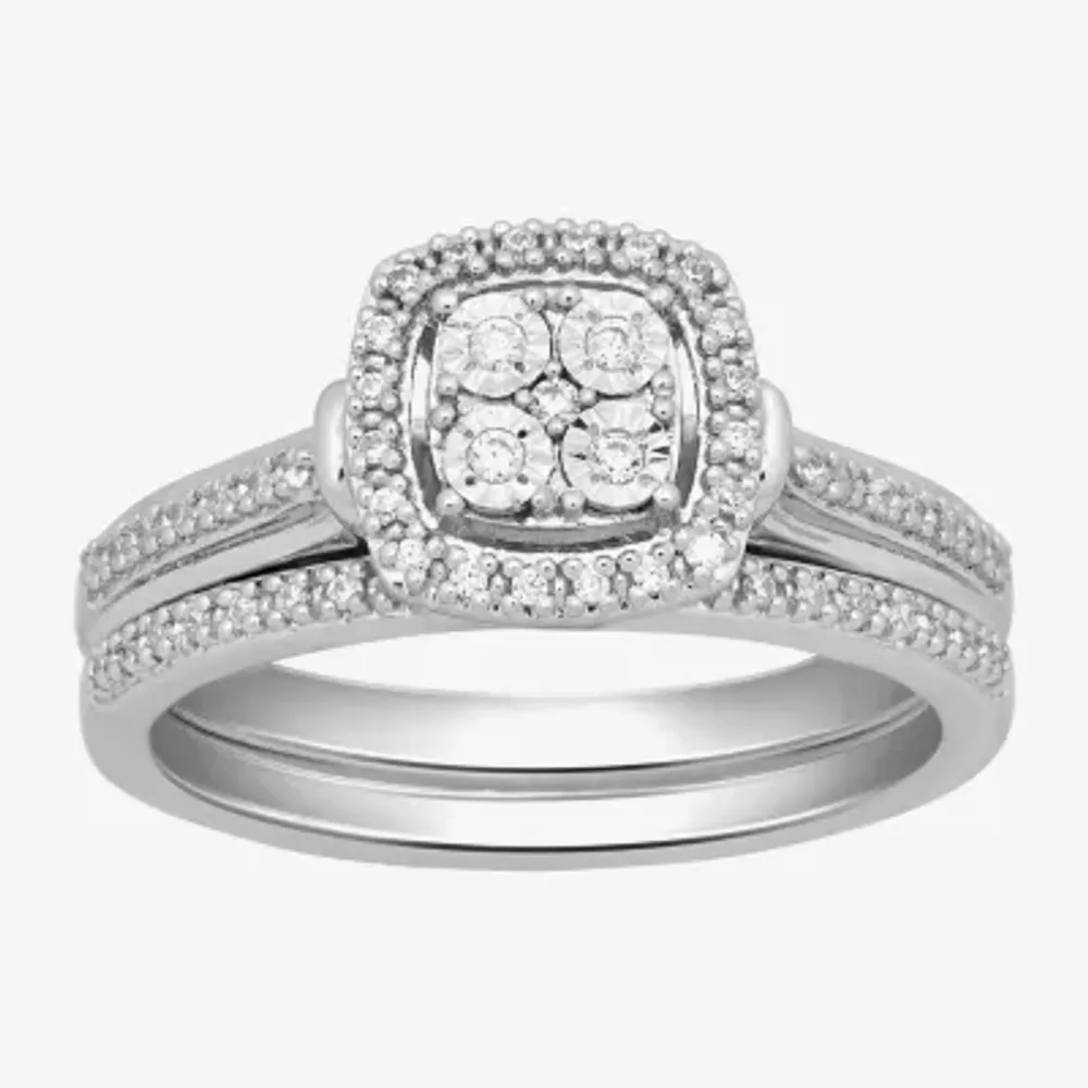 Surrounded by Love Womens 1/5 CT. Natural White Diamond Sterling Silver Cushion Bridal Set
