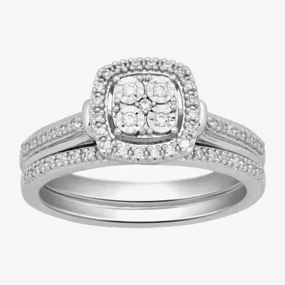 Surrounded by Love Womens 1/5 CT. Natural White Diamond Sterling Silver Cushion Bridal Set
