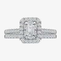 Womens 1 CT. T.W. Natural White Diamond 14K White Gold Side Stone Halo Bridal Set