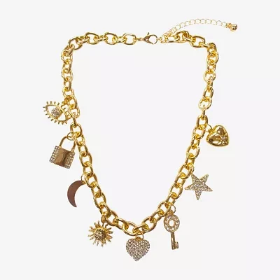 Bijoux Bar Gold Tone Charm 19 Inch Link Evil Eye Heart Moon Collar Necklace