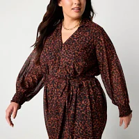 Studio 1 Womens Long Sleeve Animal Fit + Flare Dress Plus