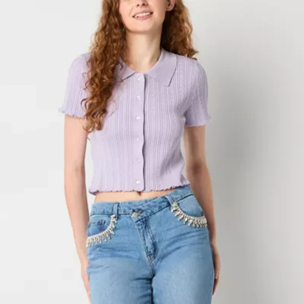 Forever 21 Juniors Cropped Womens Short Sleeve Fitted Button-Down Shirt