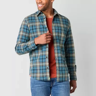 mutual weave Mens Long Sleeve Poplin Plaid Button-Down Shirt