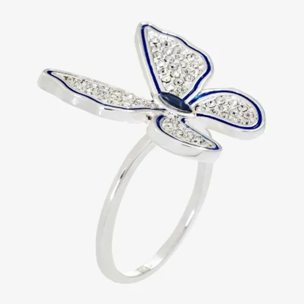 Sparkle Allure Crystal Pure Silver Over Brass Butterfly Cocktail Ring