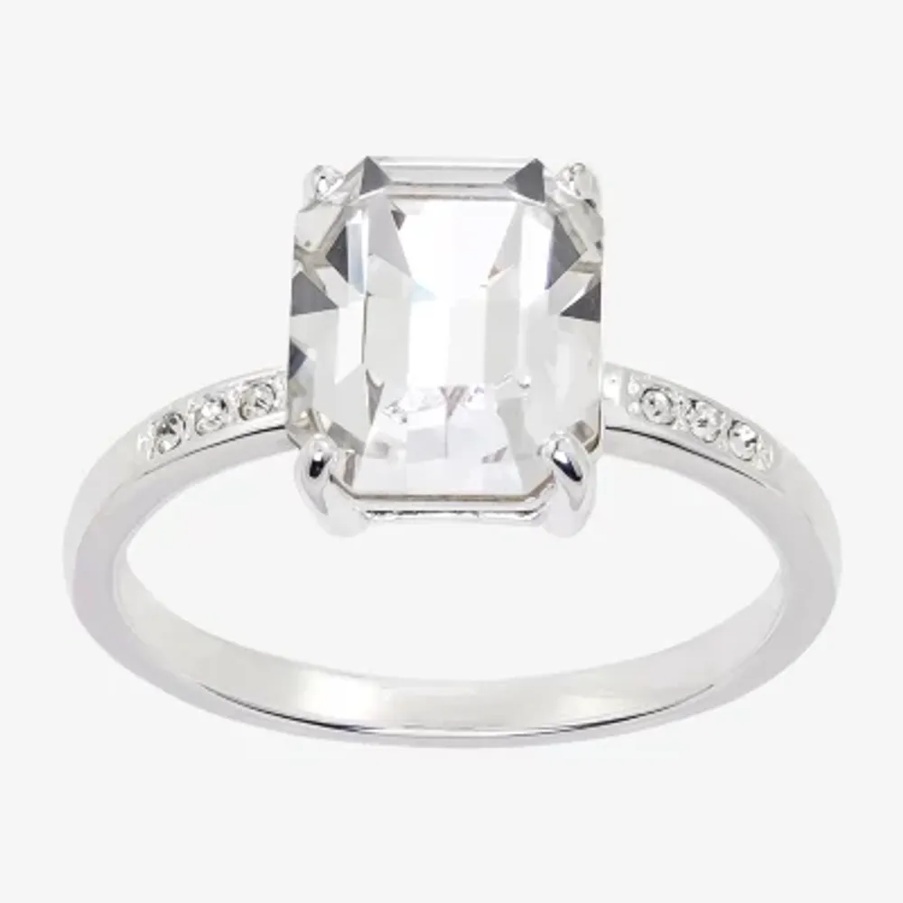Sparkle Allure Crystal Pure Silver Over Brass Rectangular Cocktail Ring