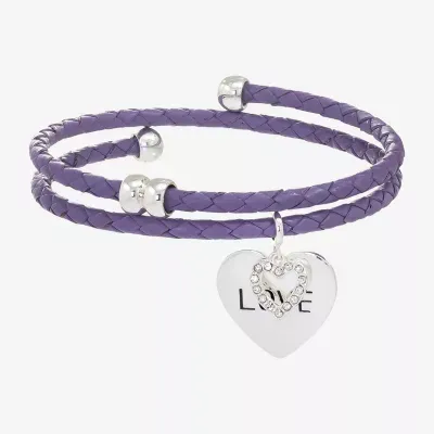 Sparkle Allure Love Leather Cubic Zirconia Pure Silver Over Brass 12 Inch Braid Heart Charm Bracelet