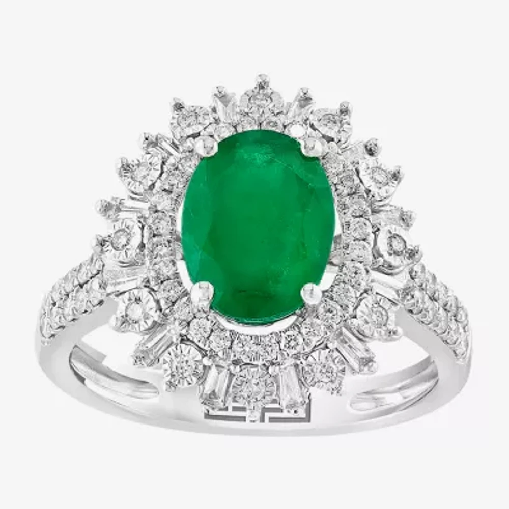 Effy Final Call Womens 5/8 CT. T.W. Genuine Green Emerald 14K White Gold Halo Cocktail Ring