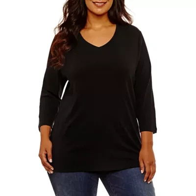 St. John's Bay Womens Plus V Neck 3/4 Sleeve T-Shirt