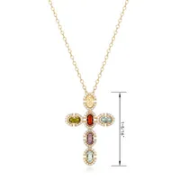 Womens Genuine Multi Color Stone 18K Gold Over Silver Cross Pendant Necklace