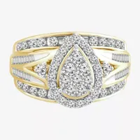 Womens 1 CT. T.W. Natural White Diamond 10K Gold Pear Side Stone Halo Engagement Ring