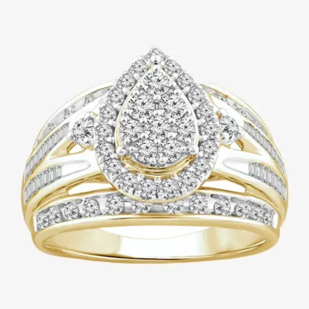 Womens 1 CT. T.W. Natural White Diamond 10K Gold Pear Side Stone Halo Engagement Ring