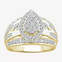 Womens 1 CT. T.W. Natural White Diamond 10K Gold Pear Side Stone Halo Engagement Ring