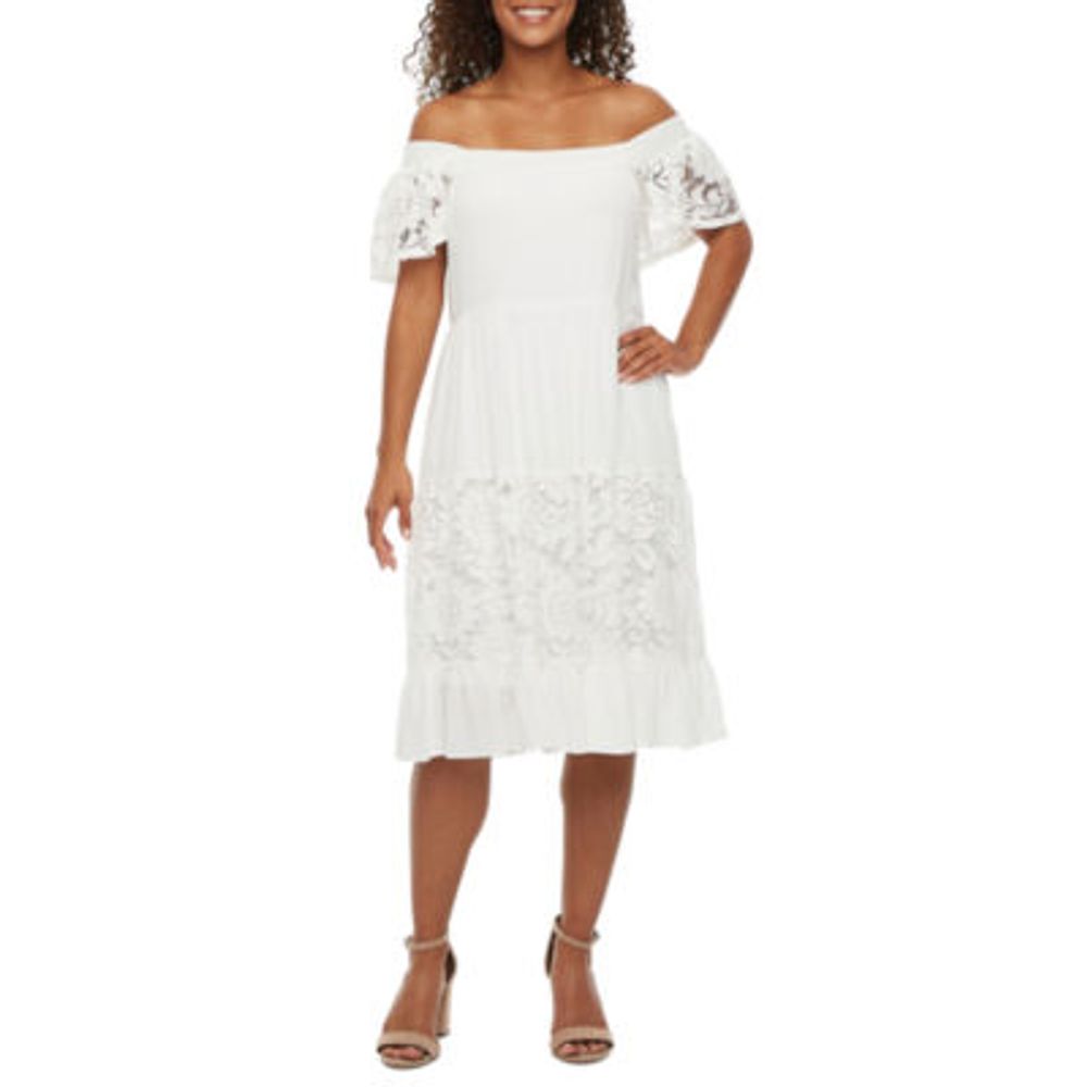 Robbie Bee Petite Off The Shoulder Lace Inset Midi Swing Dress | Pueblo Mall