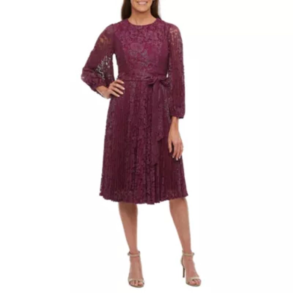 Danny & Nicole 3/4 Sleeve Glitter Lace Midi Fit + Flare Dress