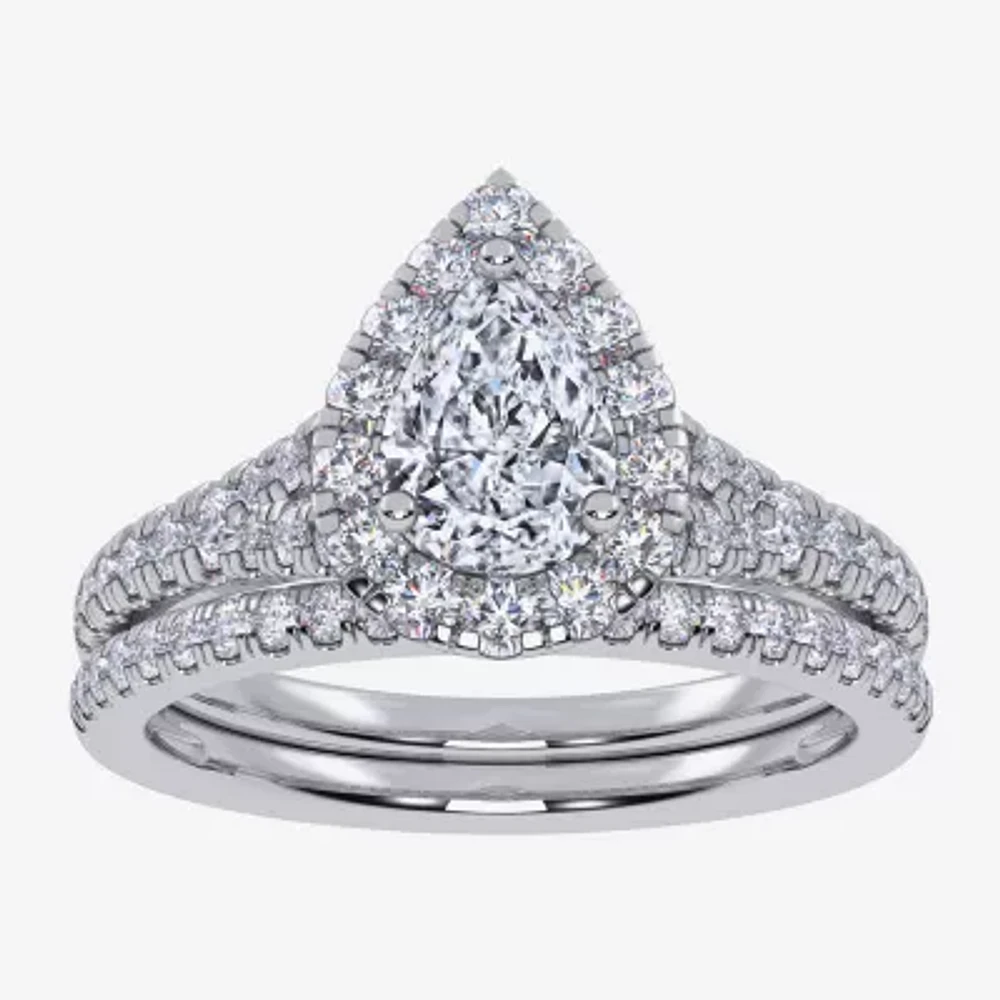 G / Vs2-Si1) Womens 1 CT. T.W. Lab Grown White Diamond 10K Gold Pear Side Stone Halo Bridal Set