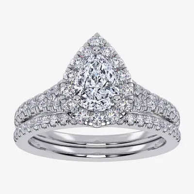 G / Vs2-Si1) Womens 1 CT. T.W. Lab Grown White Diamond 10K Gold Pear Side Stone Halo Bridal Set