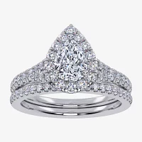 G / Vs2-Si1) Womens 1 CT. T.W. Lab Grown White Diamond 10K Gold Pear Side Stone Halo Bridal Set
