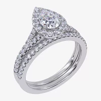 G / Vs2-Si1) Womens 1 CT. T.W. Lab Grown White Diamond 10K Gold Pear Side Stone Halo Bridal Set