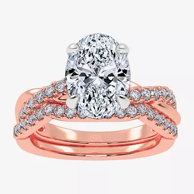 (G-H / Si1-Si2) Womens 2 1/2 CT. T.W. Lab Grown White Diamond 14K Rose Gold Oval Side Stone Engagement Ring