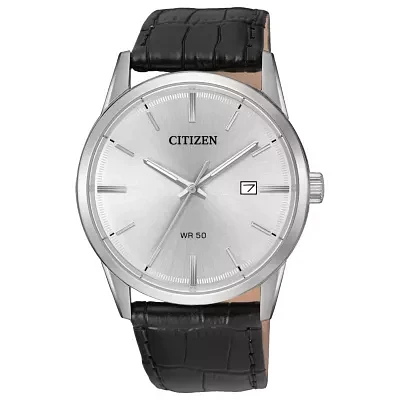 Citizen® Quartz Men'S Silver Tone And Black Stainless Steel Leather Strap Watch Bi5000-01A