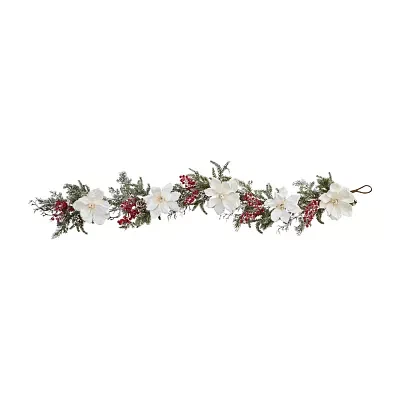 Nearly Natural 60â” Frosted Magnolia & Berry Artificial Garland Flocked Christmas Indoor Garland