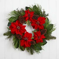 Nearly Natural 28” Poinsettia And Pine Wreath Indoor Christmas Wreath