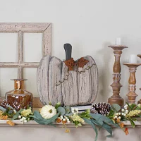 Northlight 15in Wooden Pumpkin With Leaves And Stem Thanksgiving Tabletop Decor