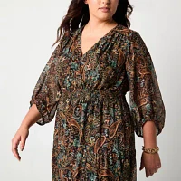 Studio 1 Womens 3/4 Sleeve Paisley Fit + Flare Dress Plus