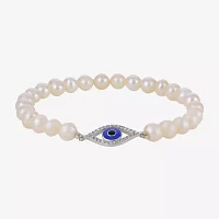 Cultured Freshwater Pearl Evil Eye Stretch Bracelet