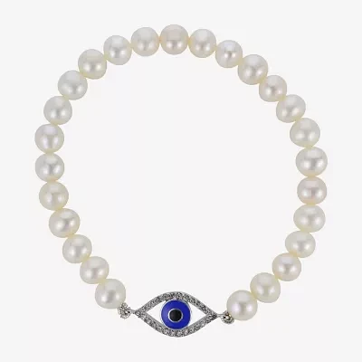 Cultured Freshwater Pearl Evil Eye Stretch Bracelet