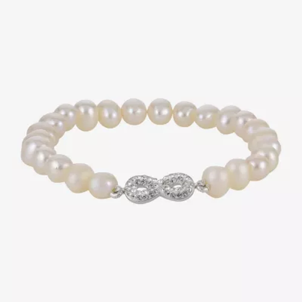 Cultured Freshwater Pearl & Crystal Infinity Sterling Silver Stretch Bracelet