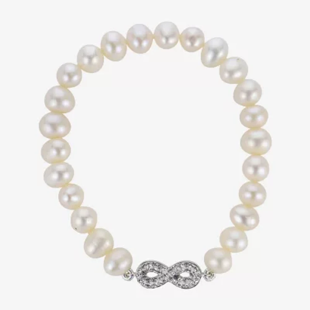 Cultured Freshwater Pearl & Crystal Infinity Sterling Silver Stretch Bracelet