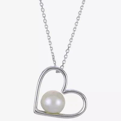 Womens White Cultured Freshwater Pearl Sterling Silver Heart Pendant Necklaces