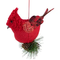 5'' Red Burlap Cardinal with Pine Needles and Berries Christmas Ornament