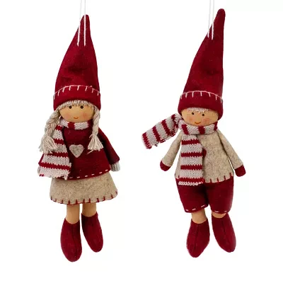 Set of 2 Boy and Girl Hanging Doll Christmas Ornaments 8"