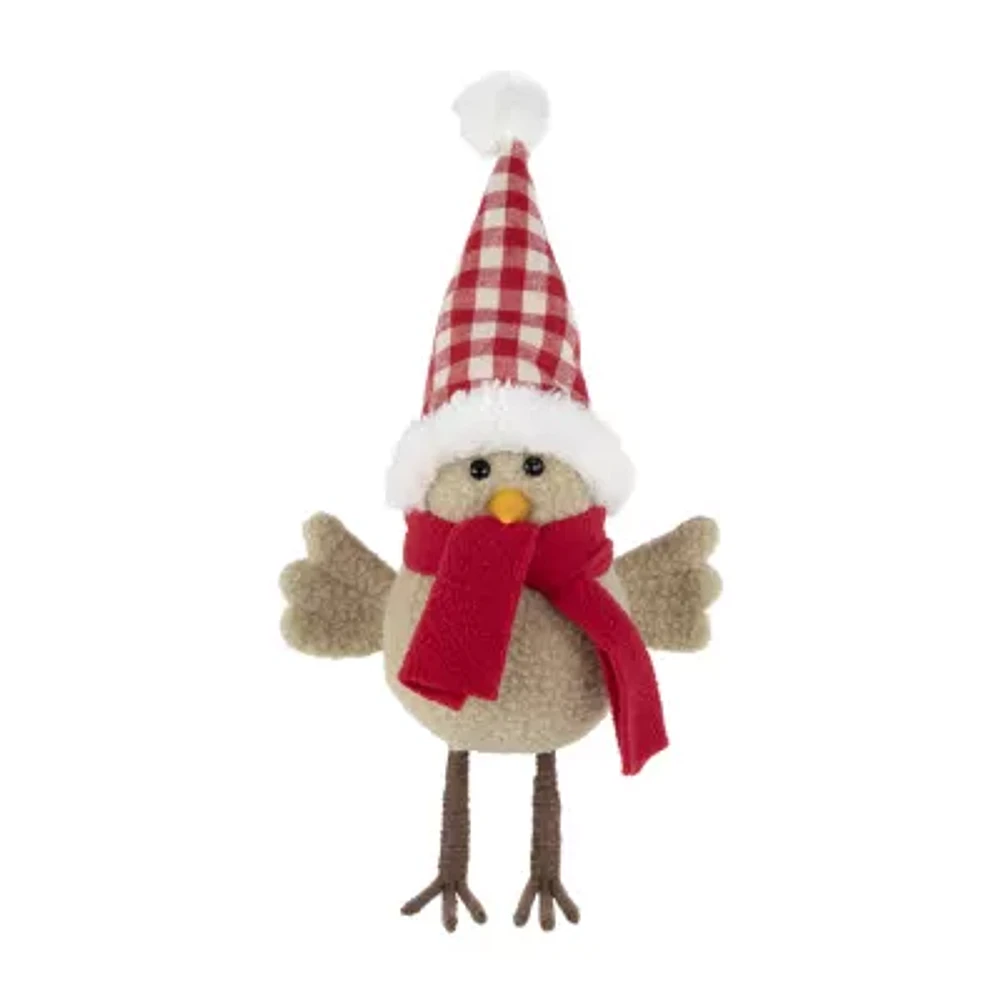 10'' Beige Standing Bird with Red Scarf and Plaid Hat Christmas Figure