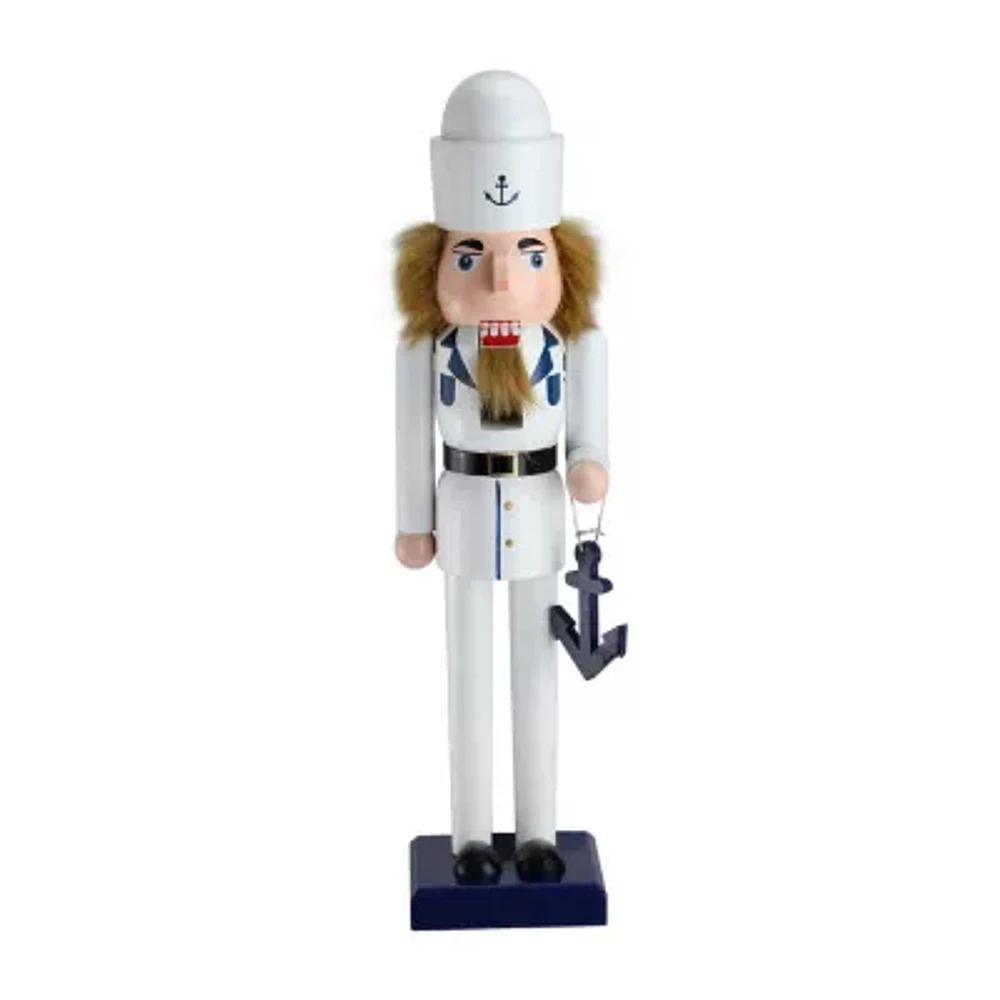 15'' White and Blue Navy Sailor with Anchor Wooden Christmas Nutcracker