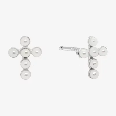 Itsy Bitsy Simulated Pearl Sterling Silver 7.5mm Cross Stud Earrings