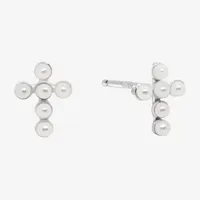 Itsy Bitsy Simulated Pearl Sterling Silver 7.5mm Cross Stud Earrings