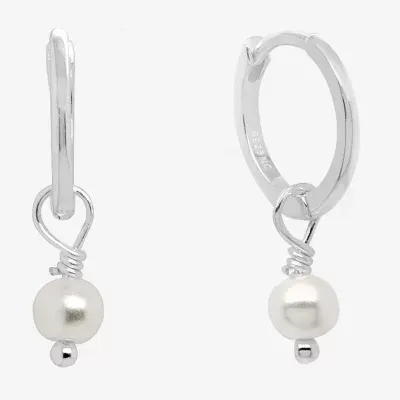 Itsy Bitsy Simulated Pearl Sterling Silver Hoop Earrings