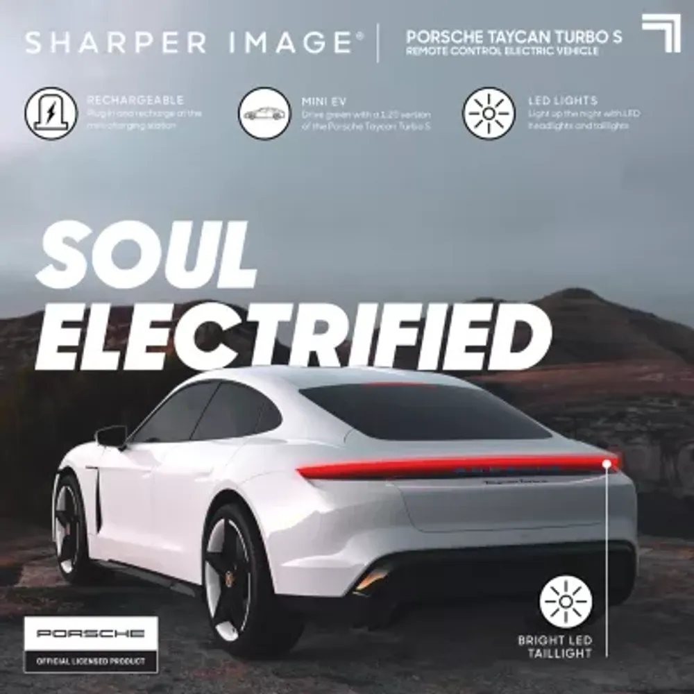 Sharper image Porsche Taycan Turbo S Remote Control Electric Car With LED Lights and USB-C Charging Station