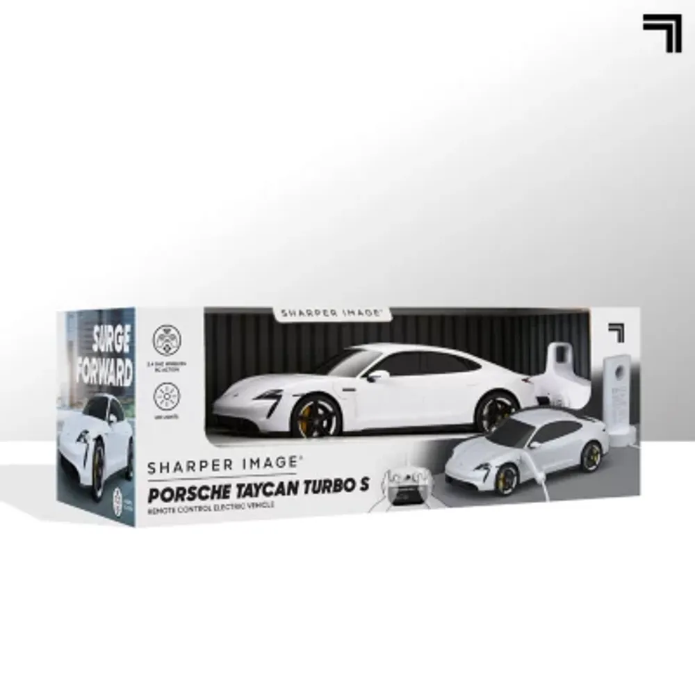 Sharper image Porsche Taycan Turbo S Remote Control Electric Car With LED Lights and USB-C Charging Station