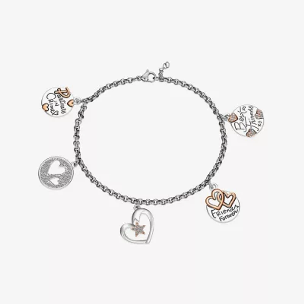 Footnotes Friends Crystal Pure Silver Over Brass Stainless Steel Heart Star Charm Bracelet