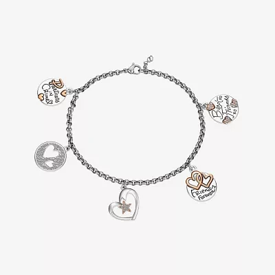 Footnotes Friends Crystal Pure Silver Over Brass Stainless Steel Heart Star Charm Bracelet